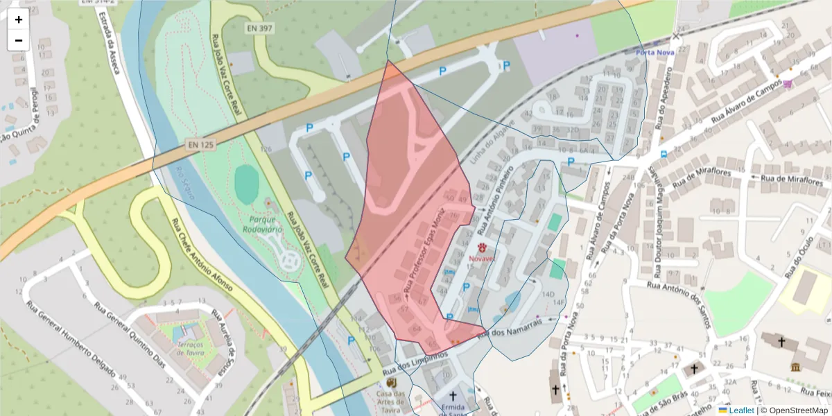 Mapa detalhado do código postal 8800-361 com limites, códigos postais vizinhos e agências dos correios