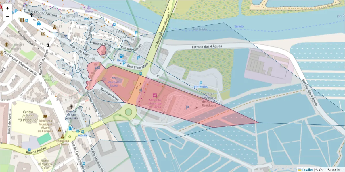Mapa detalhado do código postal 8800-362 com limites, códigos postais vizinhos e agências dos correios