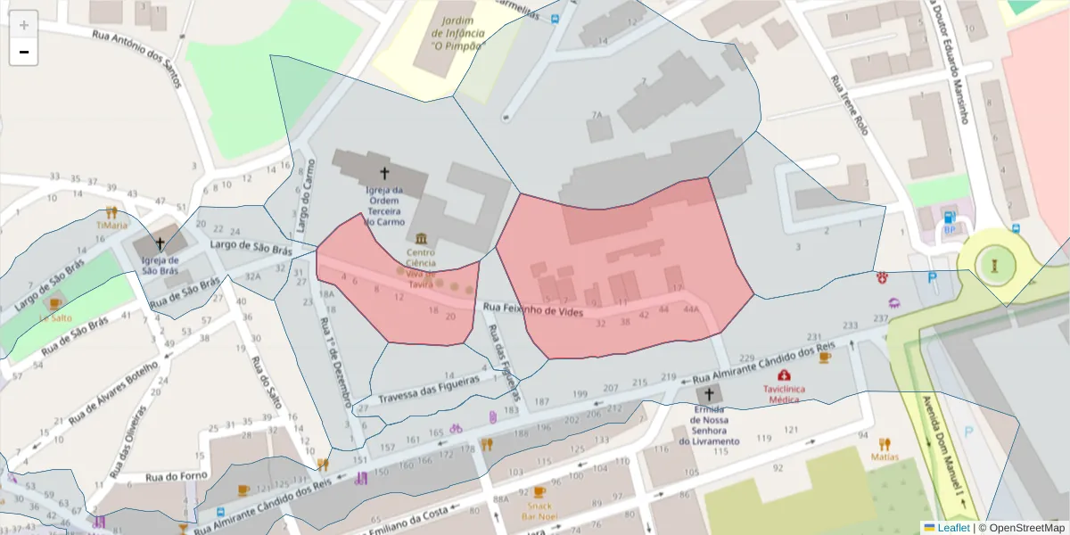 Mapa detalhado do código postal 8800-365 com limites, códigos postais vizinhos e agências dos correios