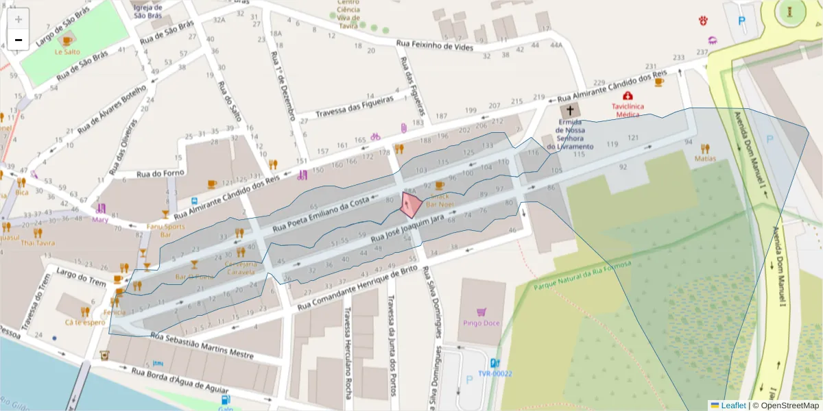 Mapa detalhado do código postal 8800-369 com limites, códigos postais vizinhos e agências dos correios