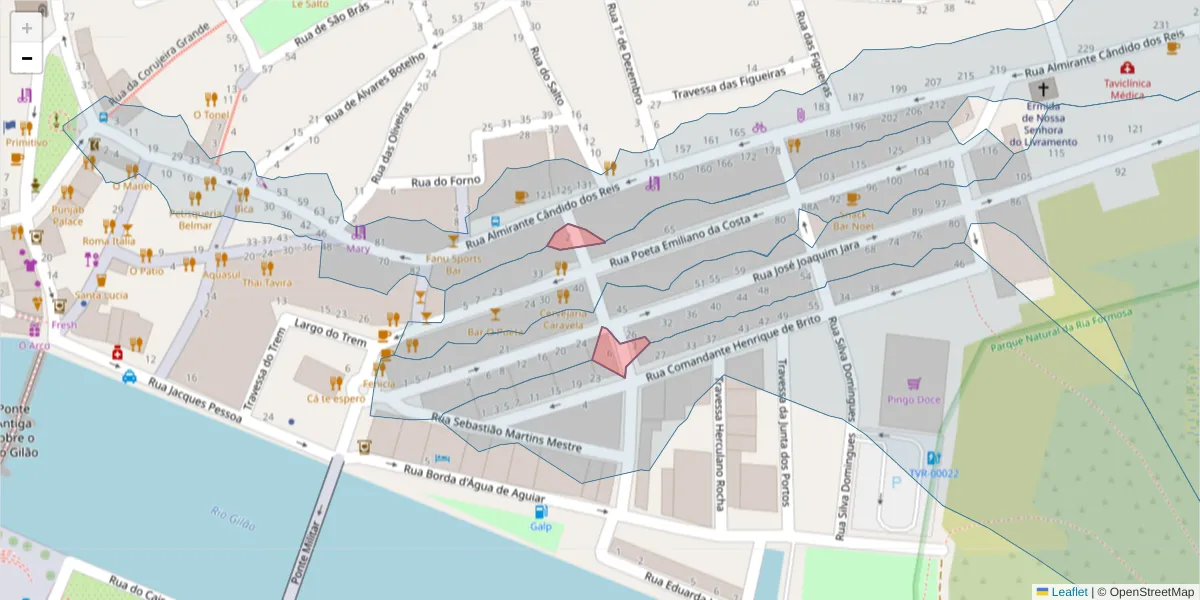 Mapa detalhado do código postal 8800-375 com limites, códigos postais vizinhos e agências dos correios