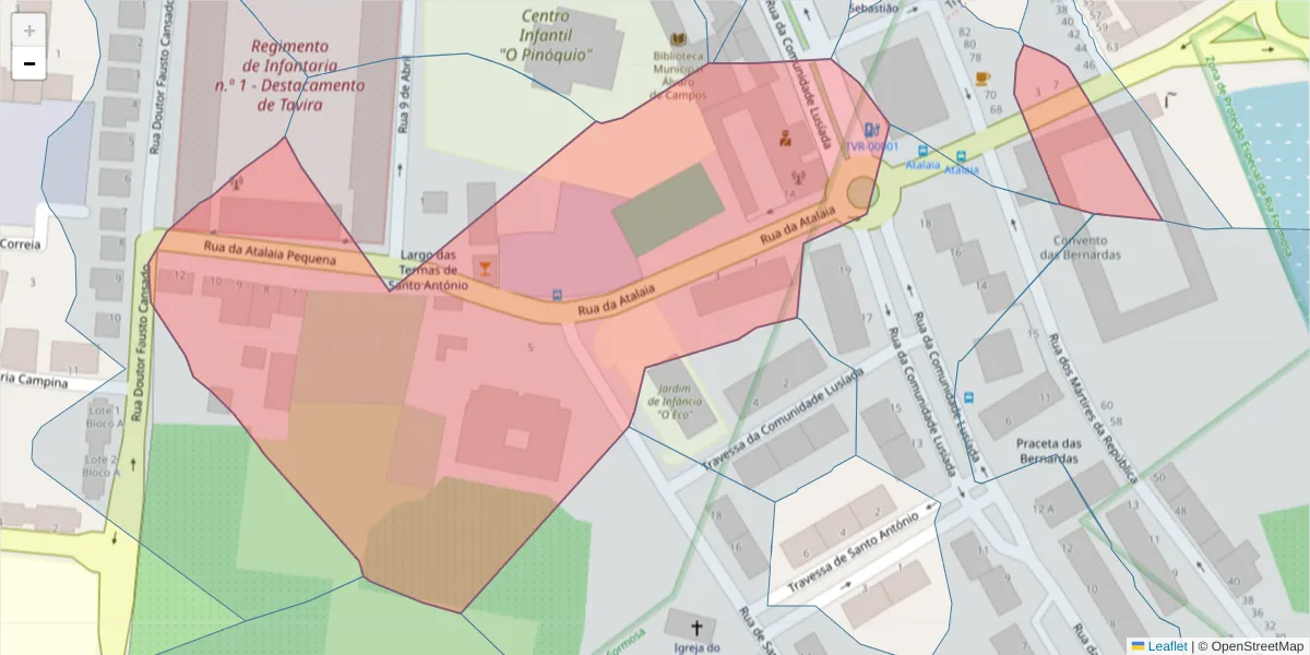 Mapa detalhado do código postal 8800-378 com limites, códigos postais vizinhos e agências dos correios
