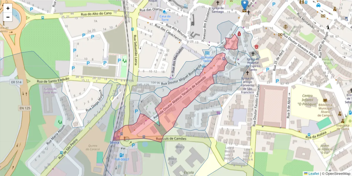 Mapa detalhado do código postal 8800-379 com limites, códigos postais vizinhos e agências dos correios