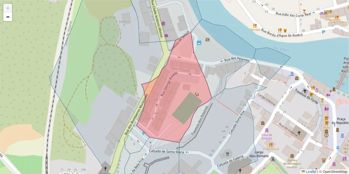Mapa detalhado do código postal 8800-381 com limites, códigos postais vizinhos e agências dos correios