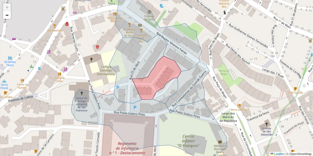 Mapa detalhado do código postal 8800-392 com limites, códigos postais vizinhos e agências dos correios