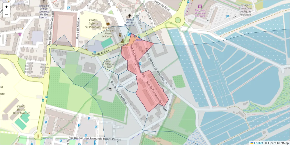 Mapa detalhado do código postal 8800-397 com limites, códigos postais vizinhos e agências dos correios