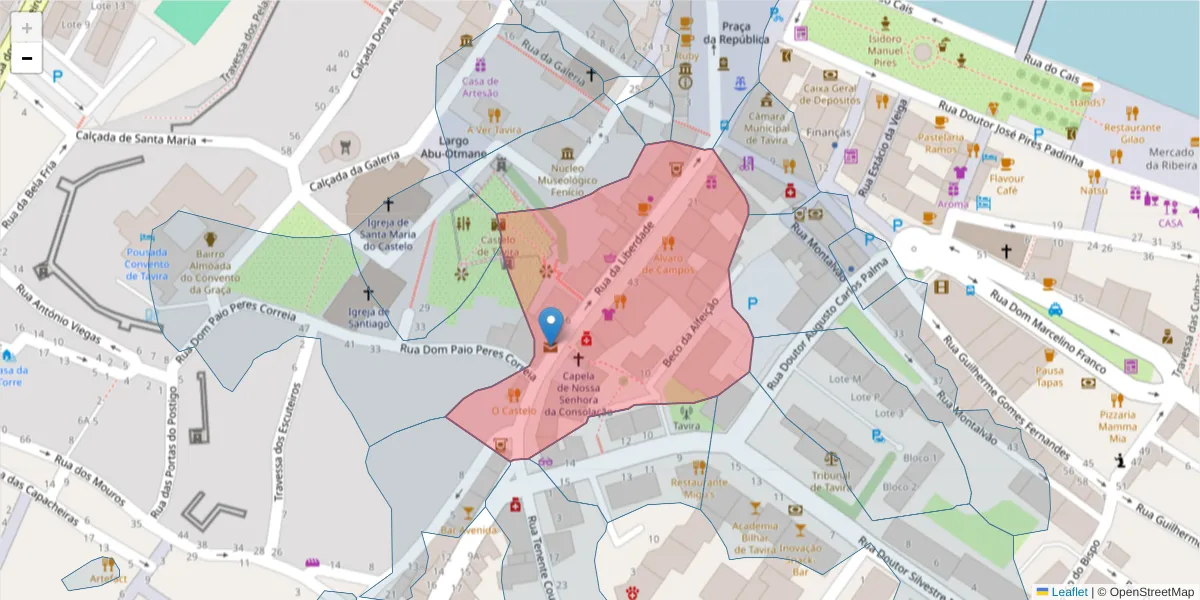 Mapa detalhado do código postal 8800-399 com limites, códigos postais vizinhos e agências dos correios