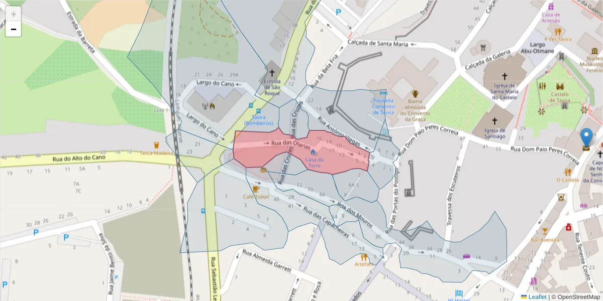 Mapa detalhado do código postal 8800-404 com limites, códigos postais vizinhos e agências dos correios