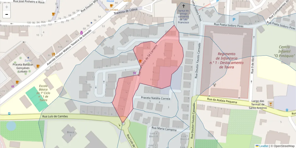Mapa detalhado do código postal 8800-414 com limites, códigos postais vizinhos e agências dos correios