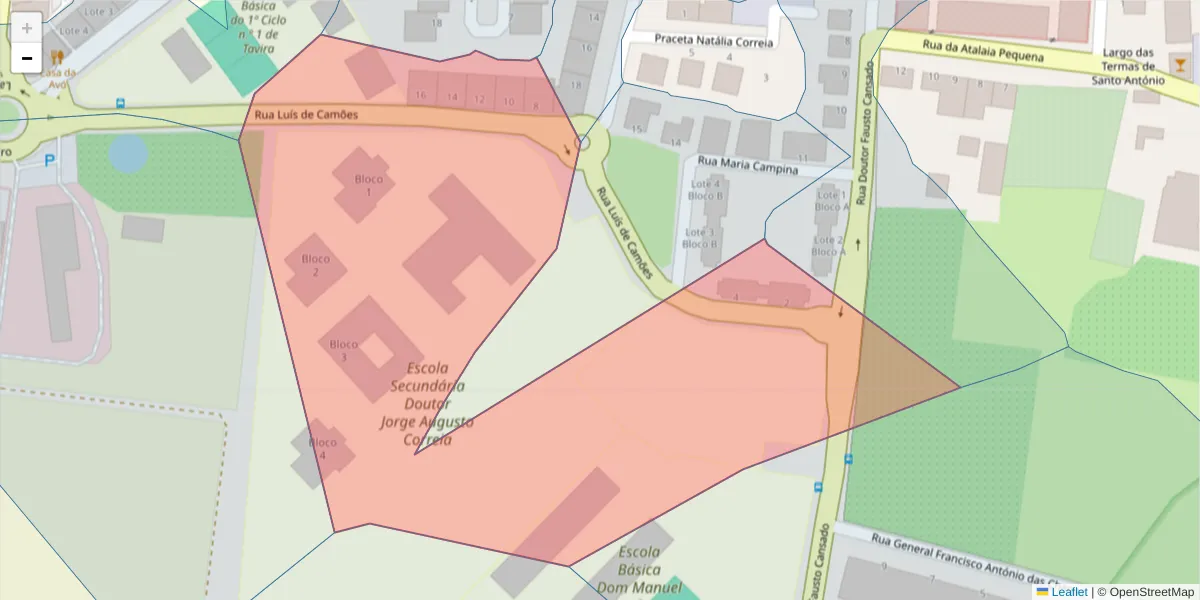 Mapa detalhado do código postal 8800-415 com limites, códigos postais vizinhos e agências dos correios