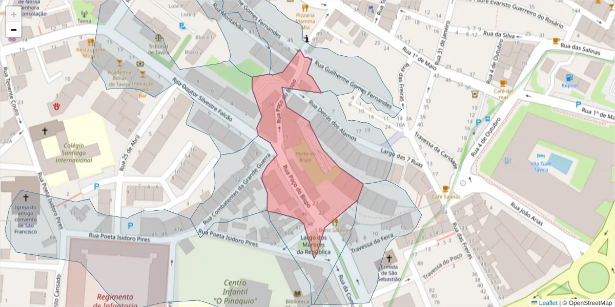 Mapa detalhado do código postal 8800-421 com limites, códigos postais vizinhos e agências dos correios