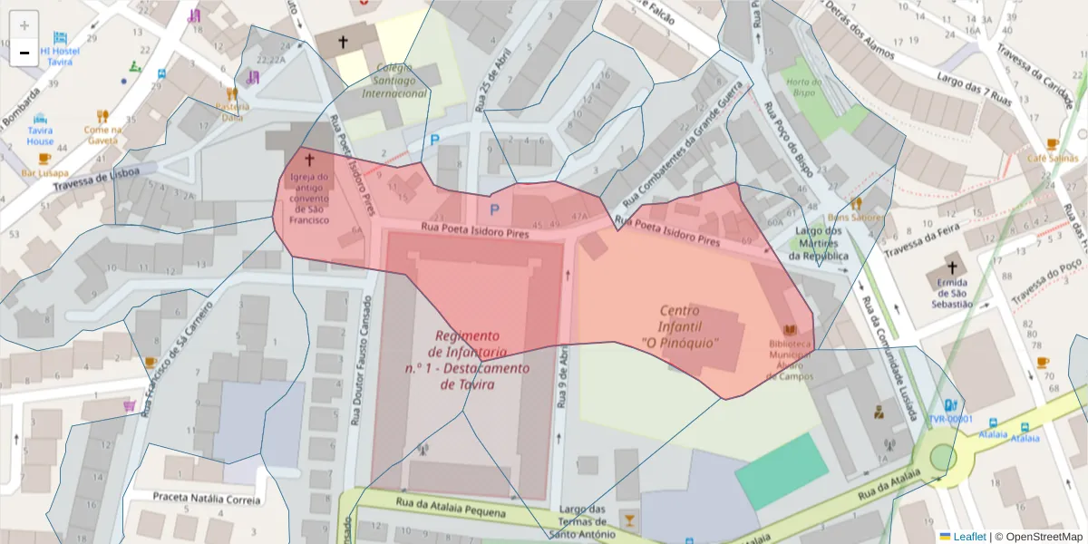 Mapa detalhado do código postal 8800-422 com limites, códigos postais vizinhos e agências dos correios