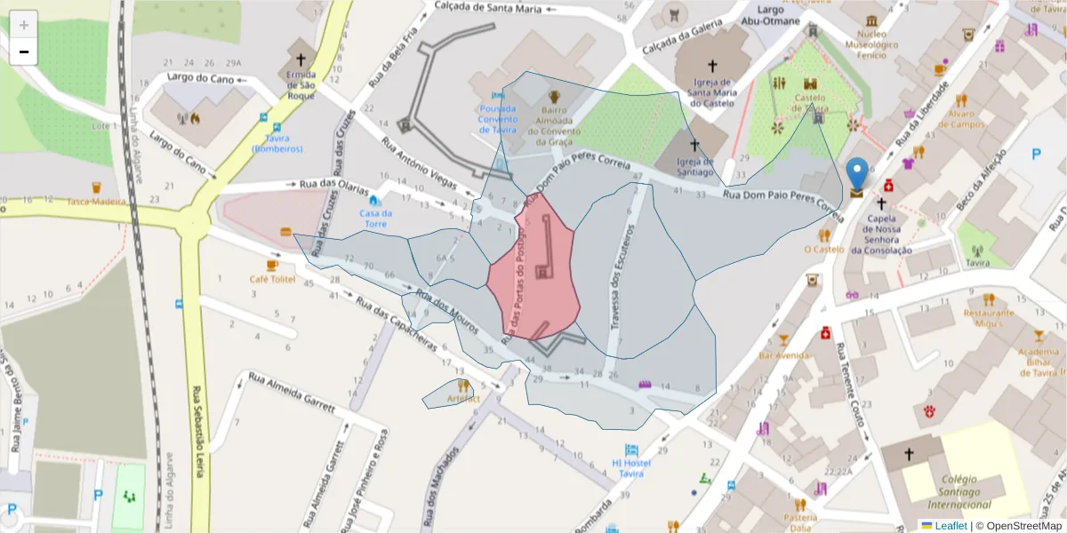 Mapa detalhado do código postal 8800-423 com limites, códigos postais vizinhos e agências dos correios