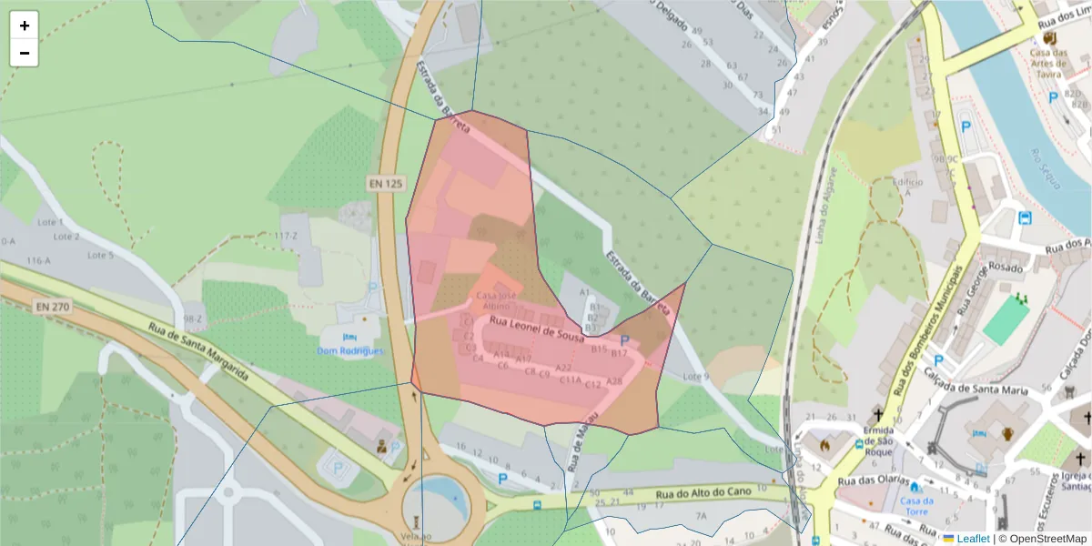 Mapa detalhado do código postal 8800-438 com limites, códigos postais vizinhos e agências dos correios
