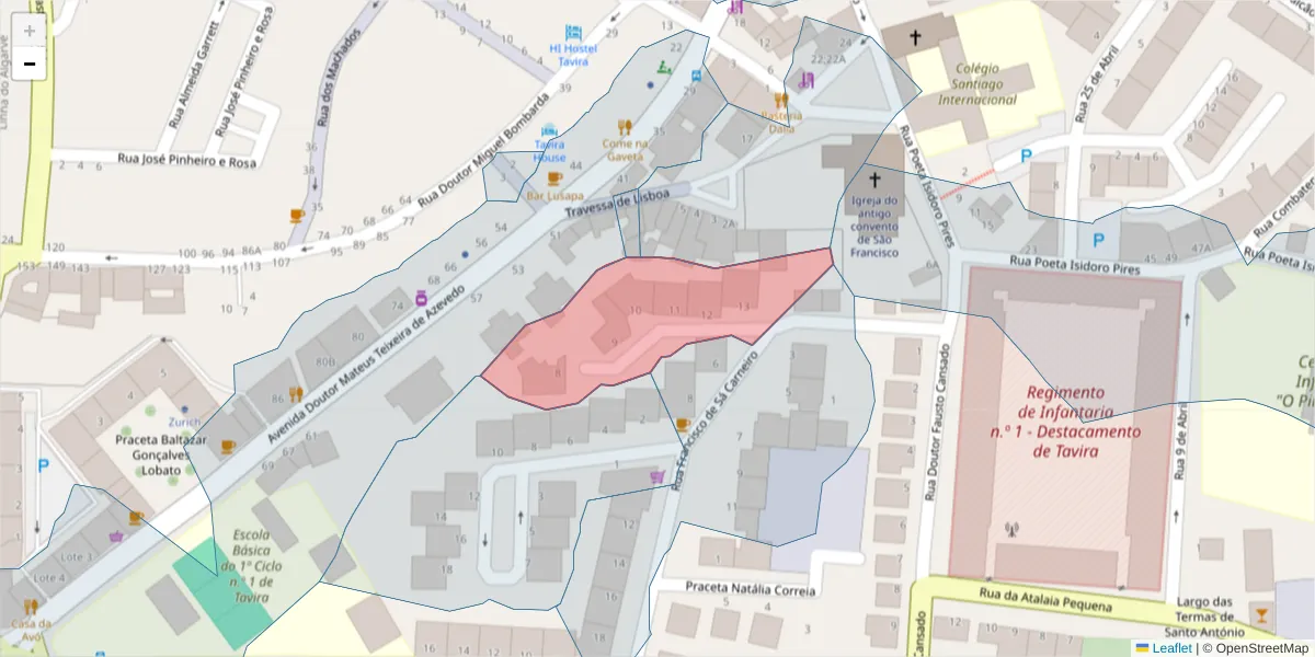 Mapa detalhado do código postal 8800-447 com limites, códigos postais vizinhos e agências dos correios