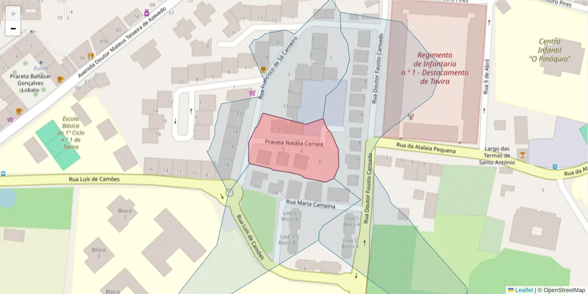 Mapa detalhado do código postal 8800-448 com limites, códigos postais vizinhos e agências dos correios
