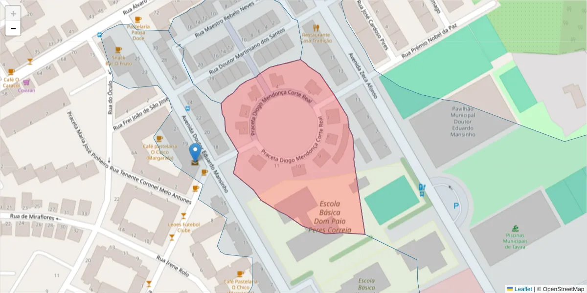 Mapa detalhado do código postal 8800-452 com limites, códigos postais vizinhos e agências dos correios