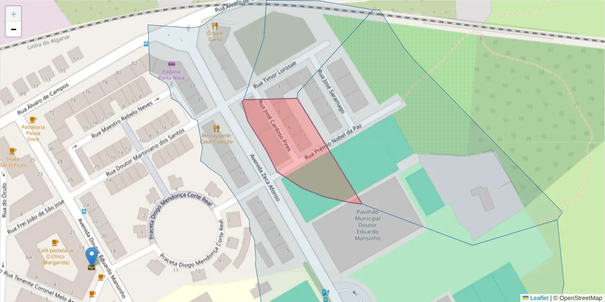 Mapa detalhado do código postal 8800-454 com limites, códigos postais vizinhos e agências dos correios