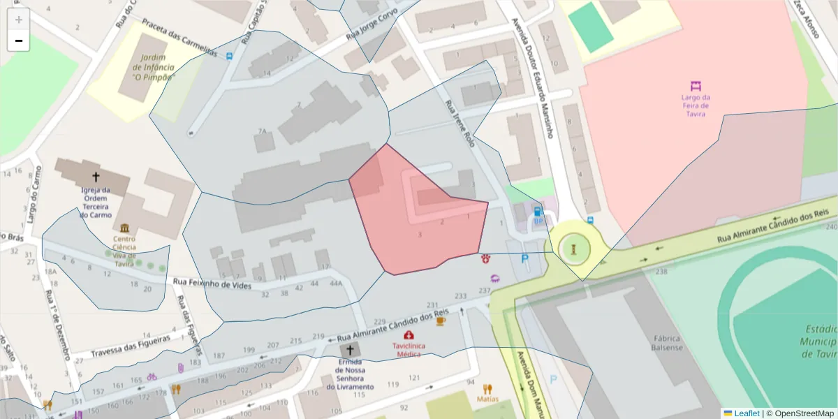 Mapa detalhado do código postal 8800-460 com limites, códigos postais vizinhos e agências dos correios