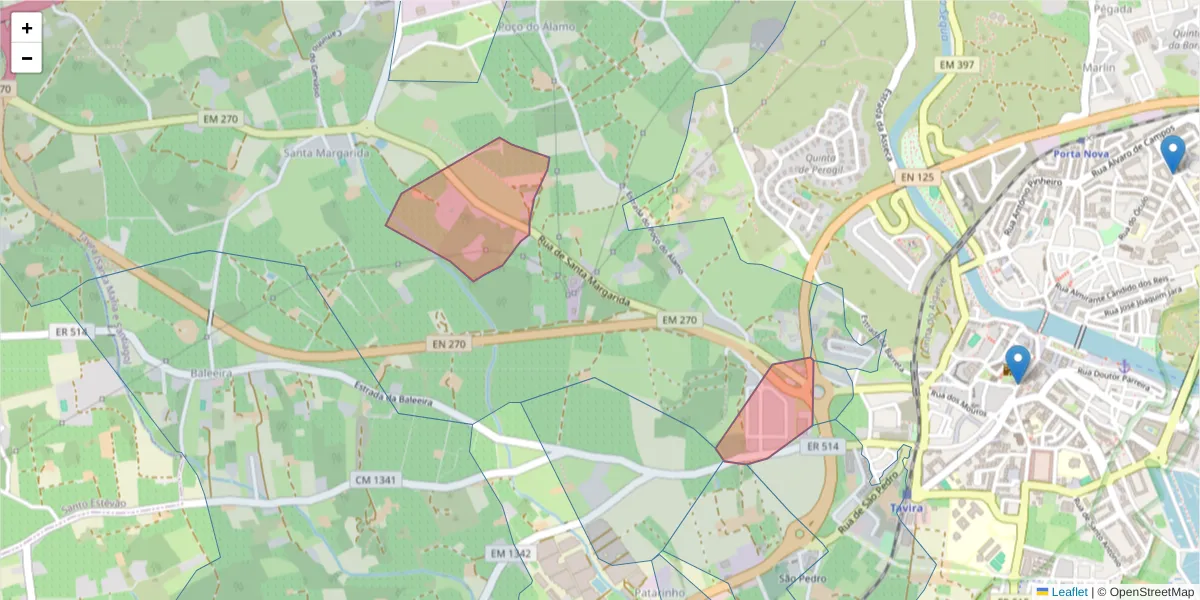 Mapa detalhado do código postal 8800-500 com limites, códigos postais vizinhos e agências dos correios