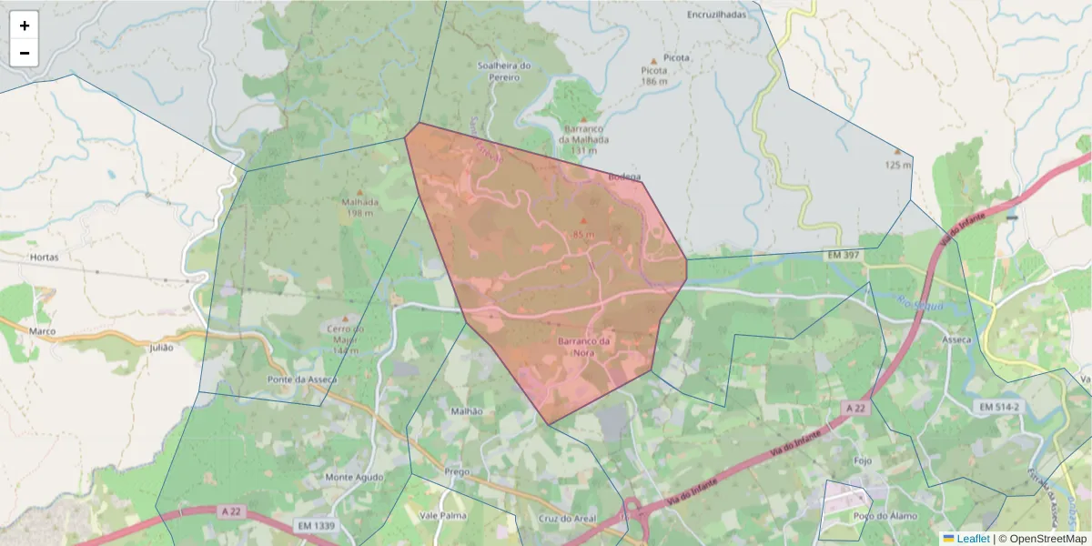 Mapa detalhado do código postal 8800-502 com limites, códigos postais vizinhos e agências dos correios