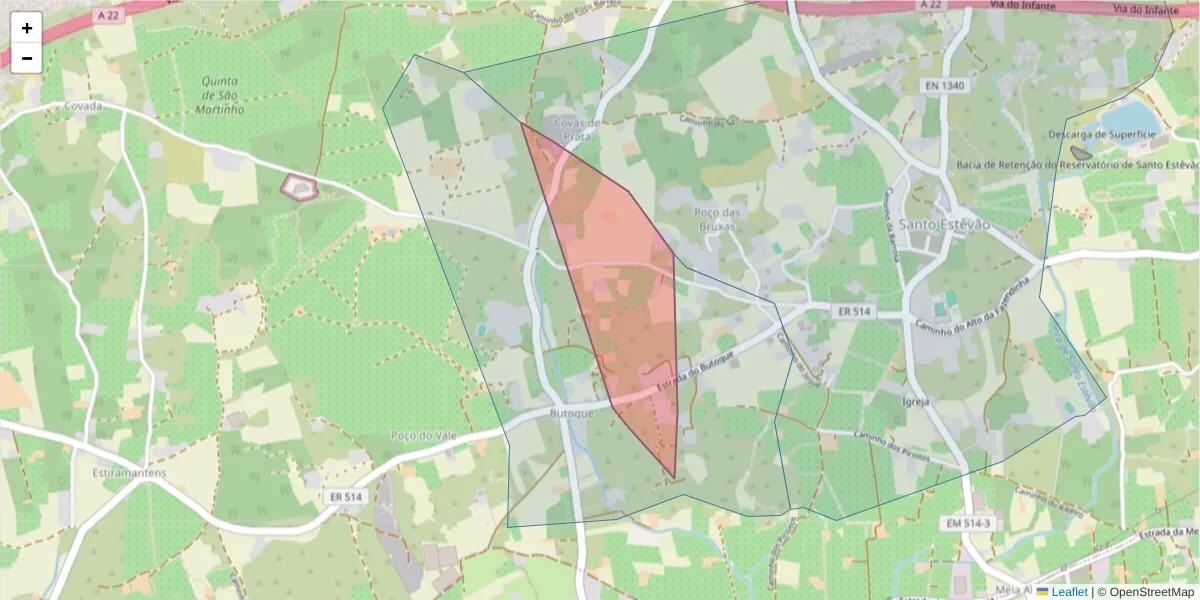 Mapa detalhado do código postal 8800-505 com limites, códigos postais vizinhos e agências dos correios