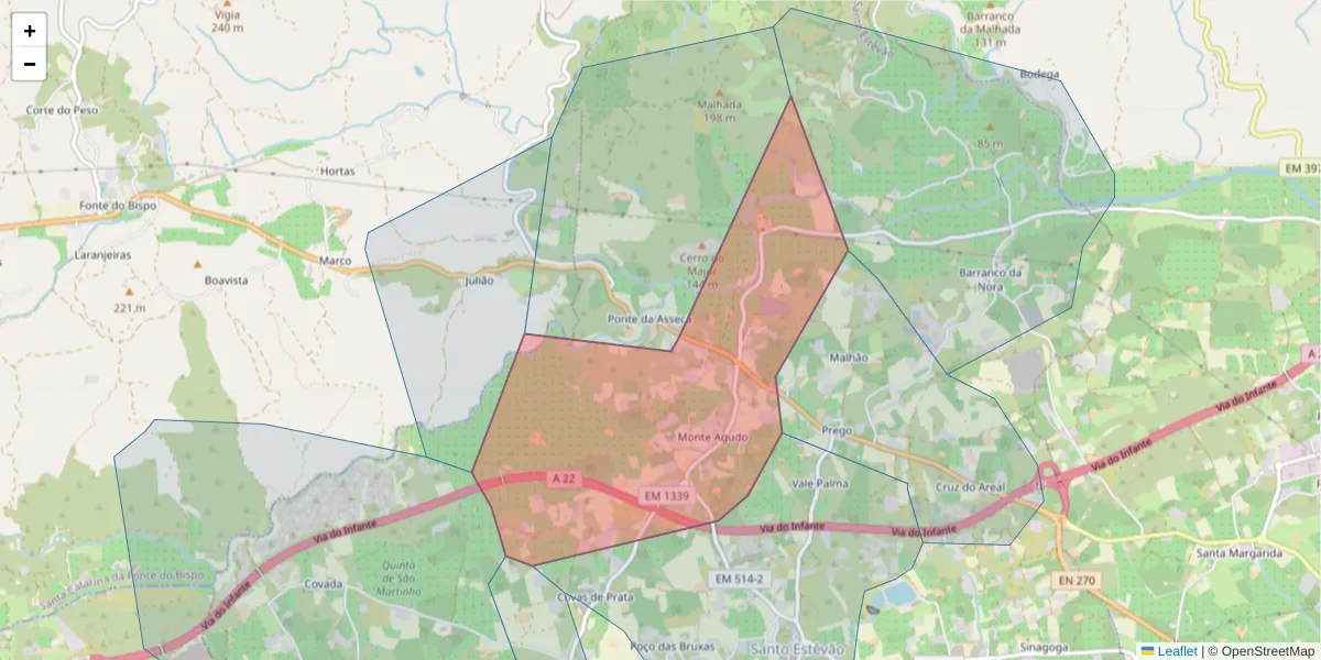 Mapa detalhado do código postal 8800-509 com limites, códigos postais vizinhos e agências dos correios