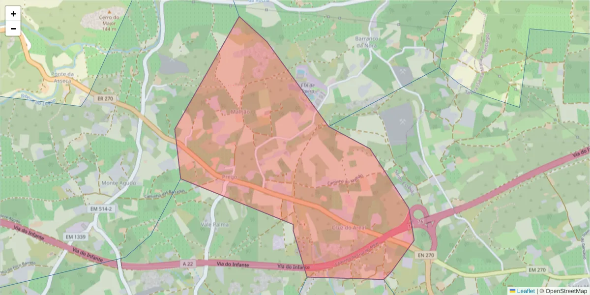 Mapa detalhado do código postal 8800-510 com limites, códigos postais vizinhos e agências dos correios