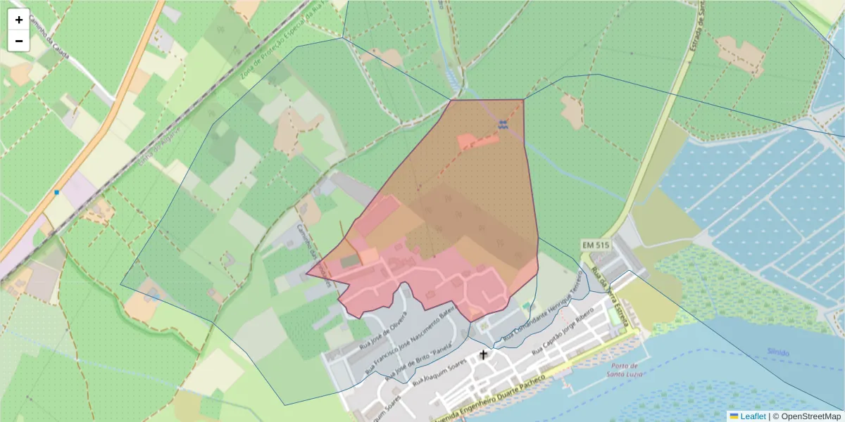 Mapa detalhado do código postal 8800-539 com limites, códigos postais vizinhos e agências dos correios