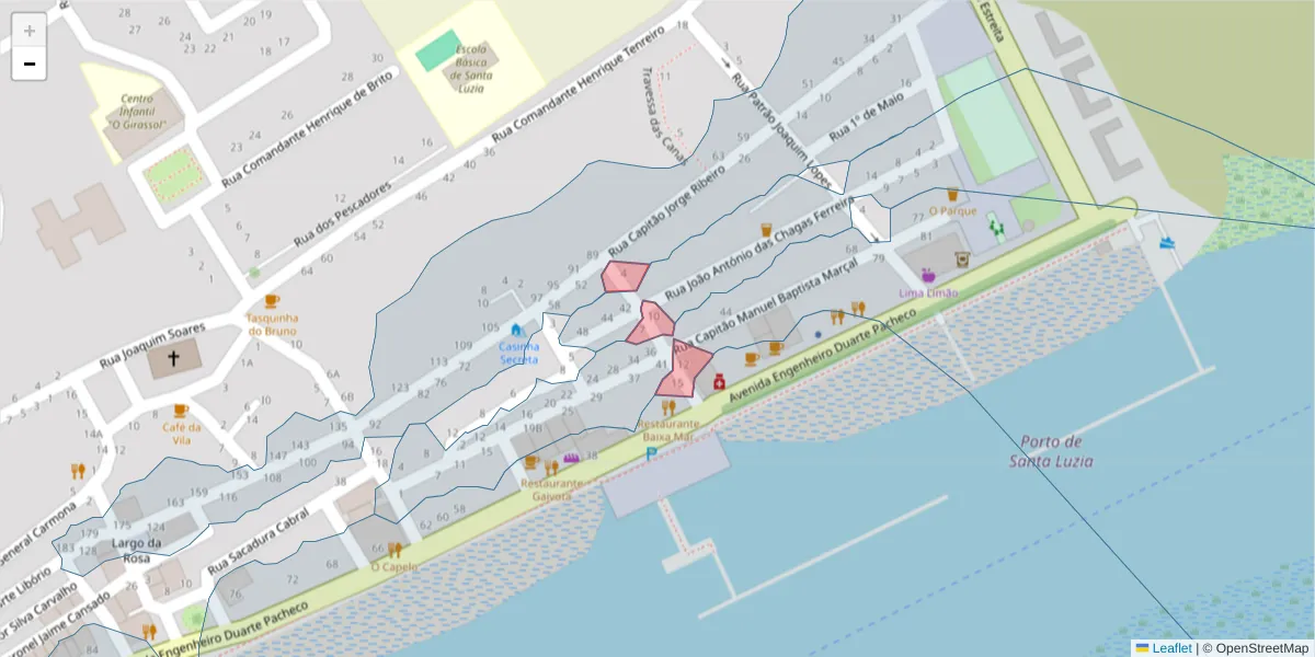 Mapa detalhado do código postal 8800-549 com limites, códigos postais vizinhos e agências dos correios