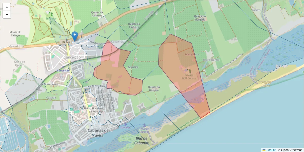 Mapa detalhado do código postal 8800-593 com limites, códigos postais vizinhos e agências dos correios