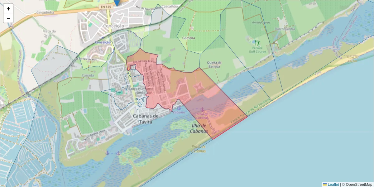 Mapa detalhado do código postal 8800-595 com limites, códigos postais vizinhos e agências dos correios