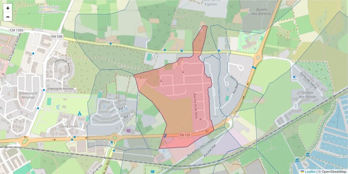 Mapa detalhado do código postal 8800-601 com limites, códigos postais vizinhos e agências dos correios