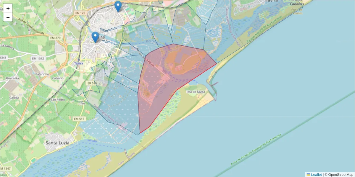 Mapa detalhado do código postal 8800-602 com limites, códigos postais vizinhos e agências dos correios