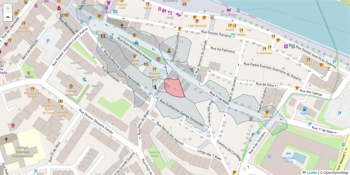 Mapa detalhado do código postal 8800-651 com limites, códigos postais vizinhos e agências dos correios