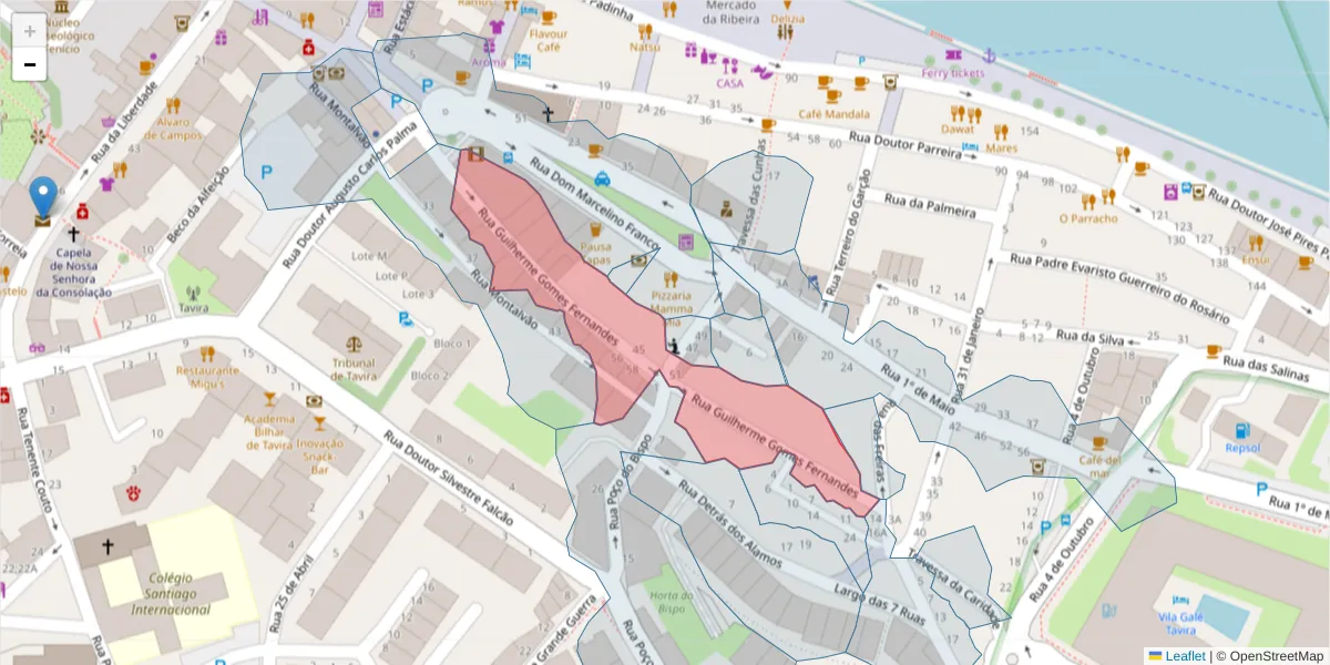 Mapa detalhado do código postal 8800-669 com limites, códigos postais vizinhos e agências dos correios