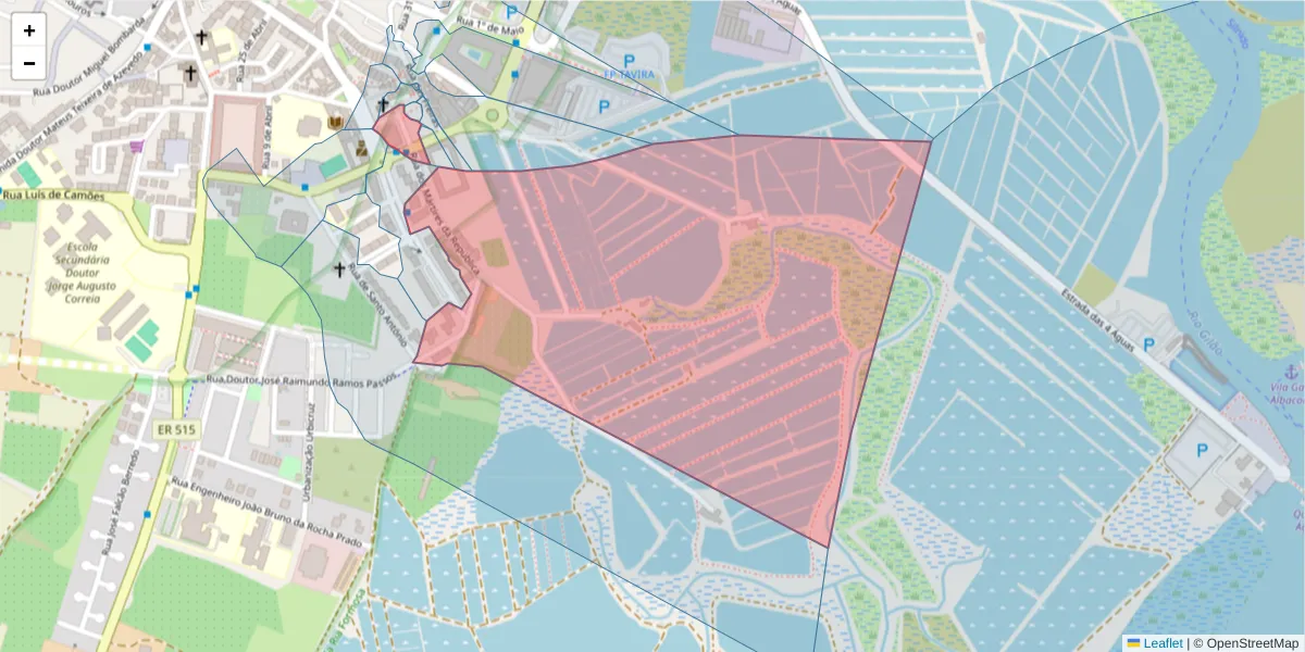 Mapa detalhado do código postal 8800-685 com limites, códigos postais vizinhos e agências dos correios