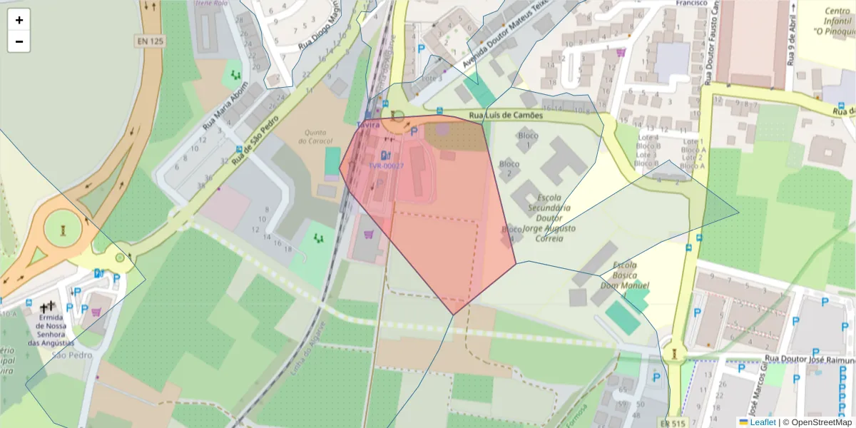 Mapa detalhado do código postal 8800-703 com limites, códigos postais vizinhos e agências dos correios