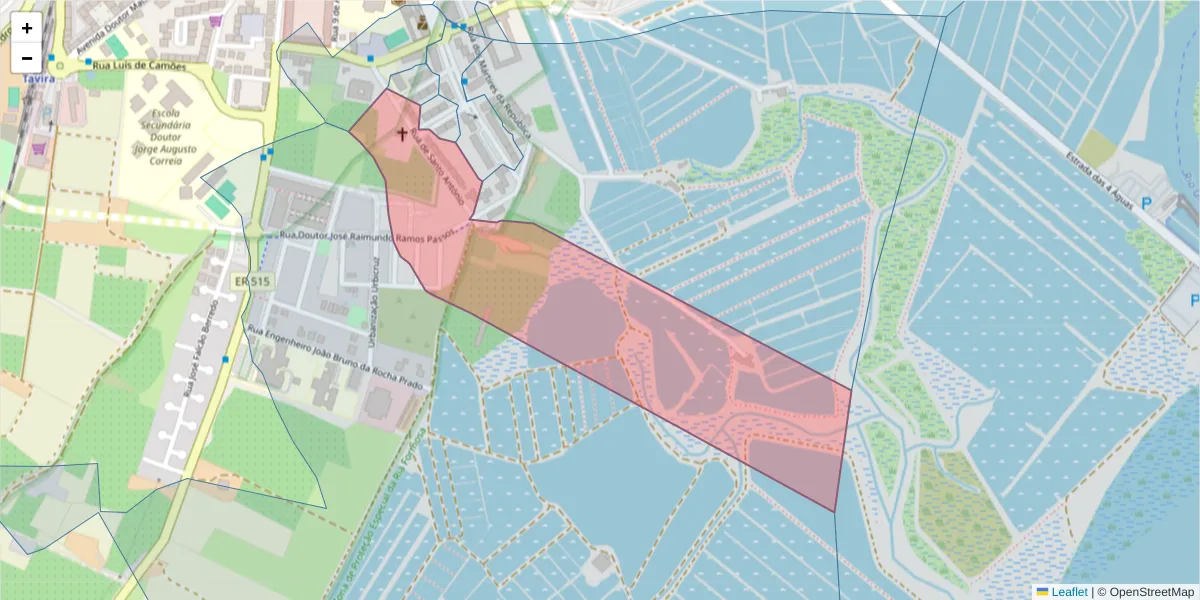 Mapa detalhado do código postal 8800-705 com limites, códigos postais vizinhos e agências dos correios