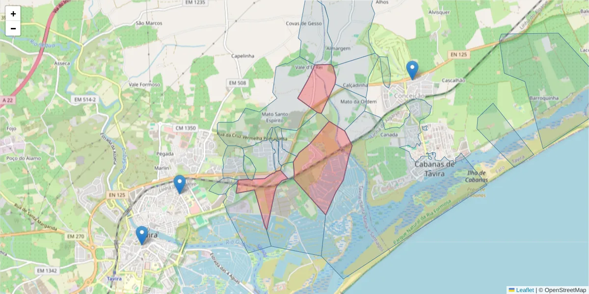 Mapa detalhado do código postal 8800-737 com limites, códigos postais vizinhos e agências dos correios