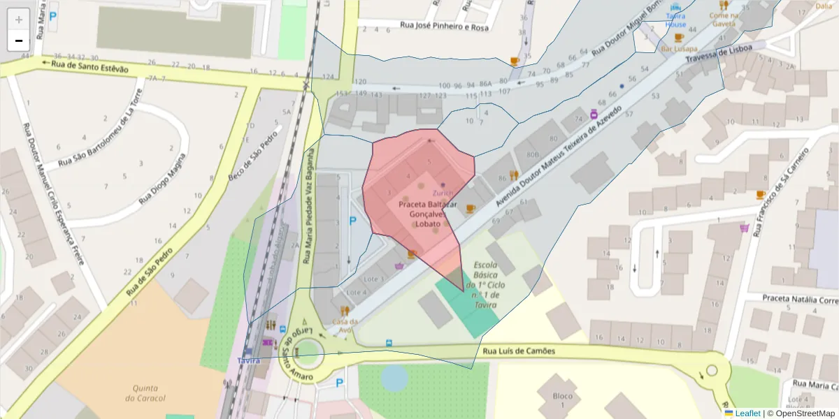 Mapa detalhado do código postal 8800-743 com limites, códigos postais vizinhos e agências dos correios
