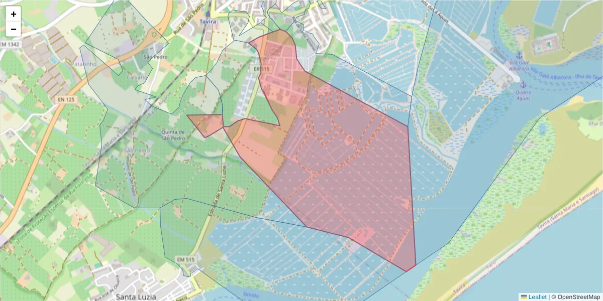 Mapa detalhado do código postal 8800-744 com limites, códigos postais vizinhos e agências dos correios