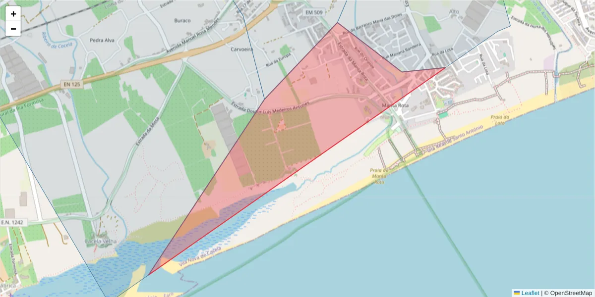 Mapa detalhado do código postal 8900-038 com limites, códigos postais vizinhos e agências dos correios
