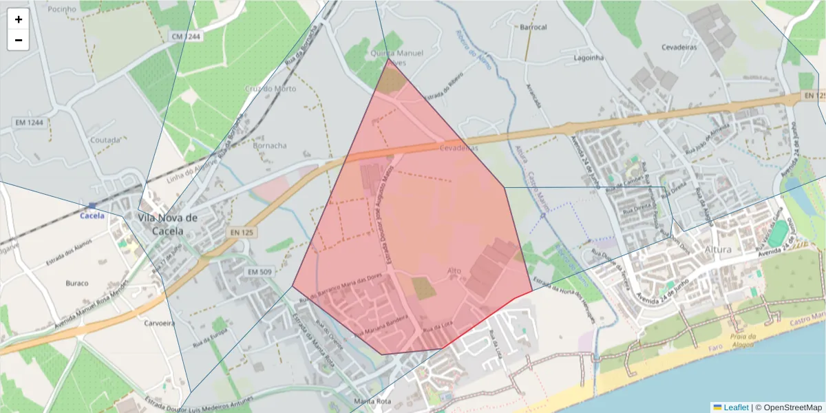 Mapa detalhado do código postal 8900-061 com limites, códigos postais vizinhos e agências dos correios