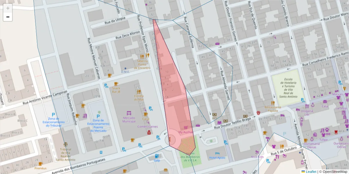 Mapa detalhado do código postal 8900-209 com limites, códigos postais vizinhos e agências dos correios