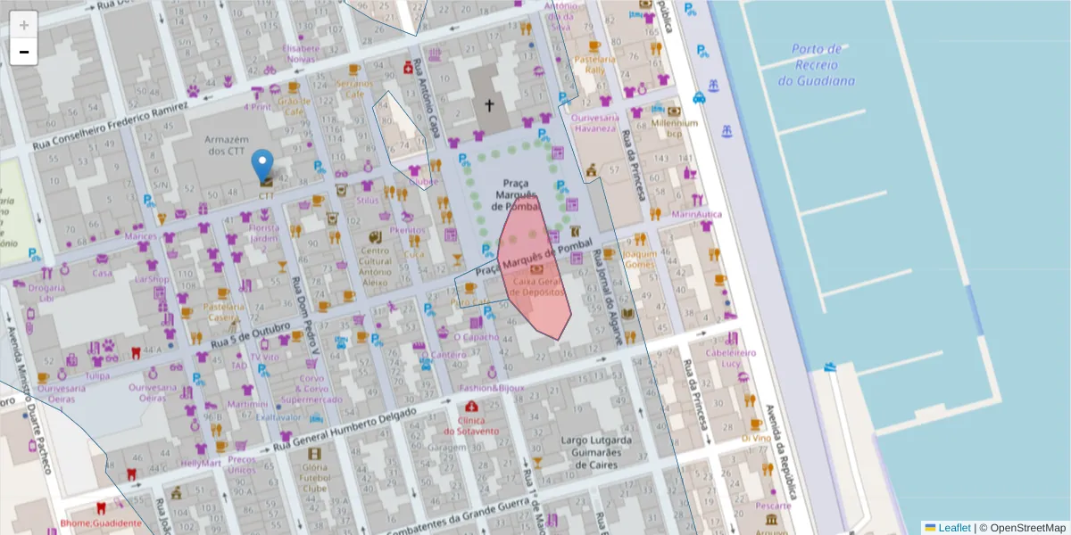 Mapa detalhado do código postal 8900-231 com limites, códigos postais vizinhos e agências dos correios