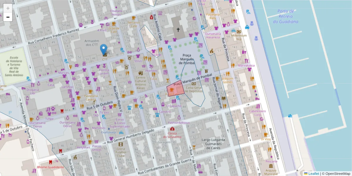 Mapa detalhado do código postal 8900-240 com limites, códigos postais vizinhos e agências dos correios