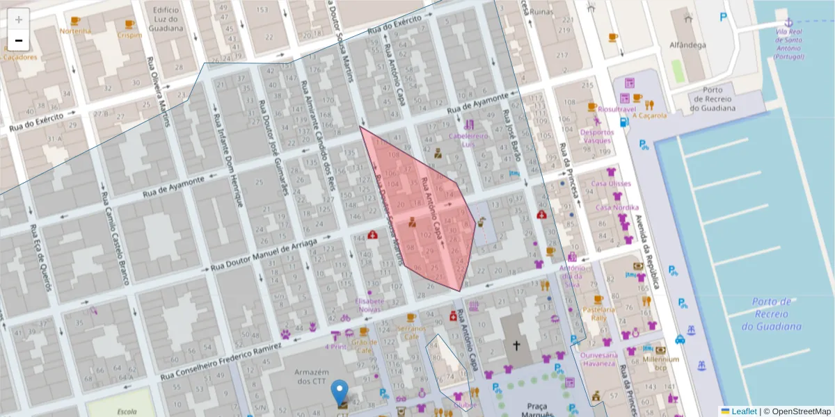 Mapa detalhado do código postal 8900-242 com limites, códigos postais vizinhos e agências dos correios