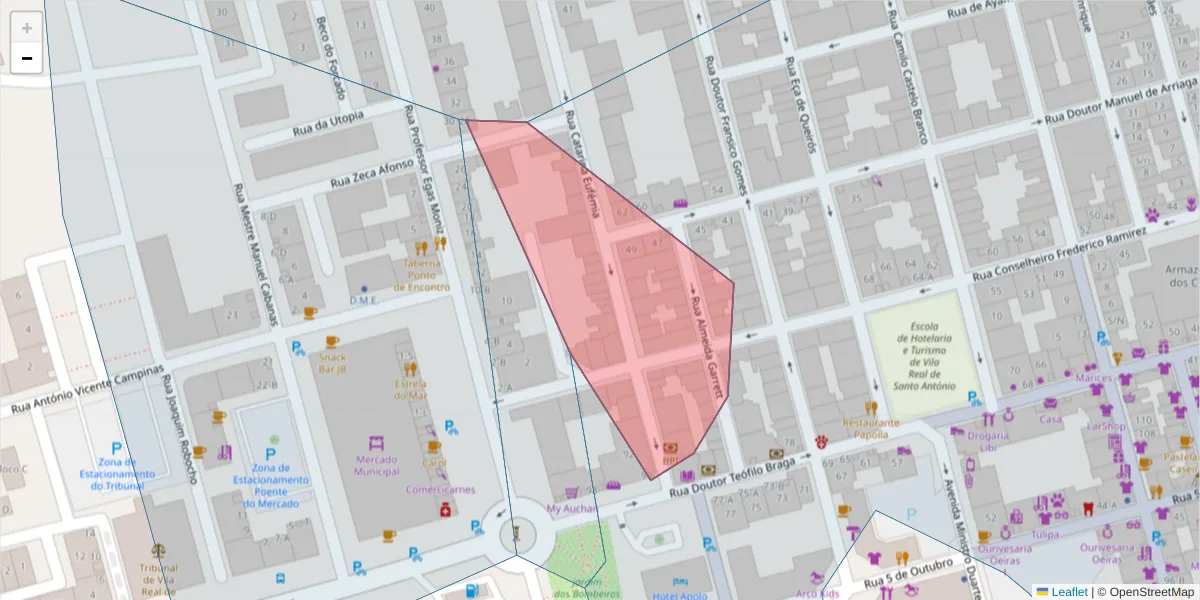 Mapa detalhado do código postal 8900-255 Vila Real Santo António com limites, códigos postais vizinhos e agências dos correios