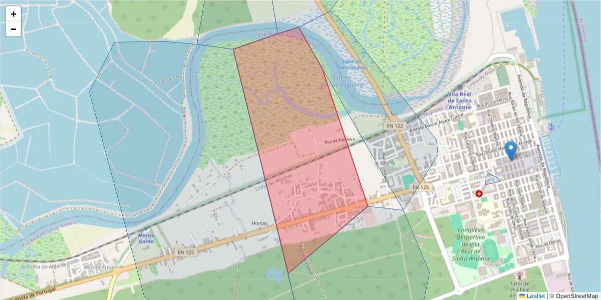 Mapa detalhado do código postal 8900-258 com limites, códigos postais vizinhos e agências dos correios